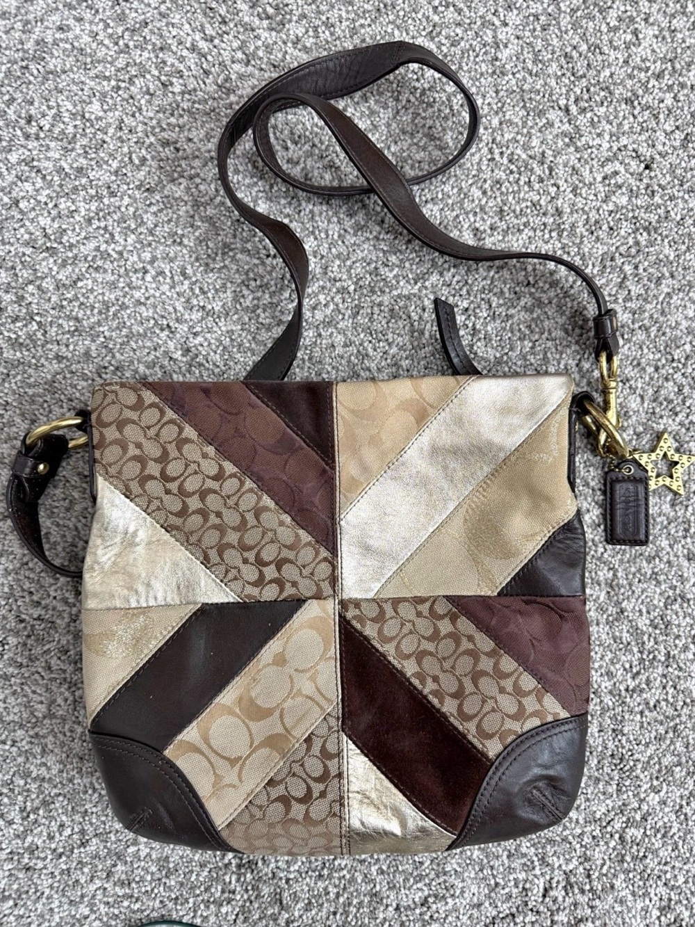 Coach Patchwork Crossbody in Brown, Cream & Gold-Tone Accents